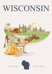 Wisconsin vector illustration. American dairy country. Travel postcard of United States.  US background