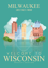 Wisconsin vector illustration. American dairy country. Travel postcard of United States.  US background