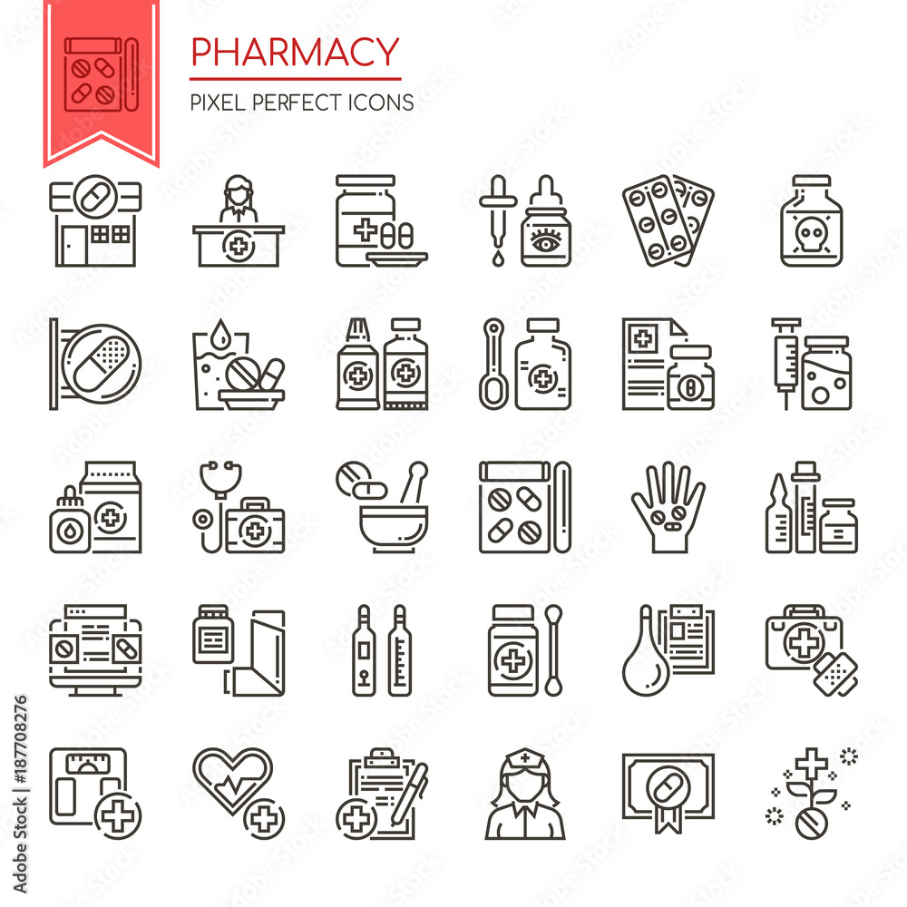 Sticker pharmacy elements , thin line and pixel perfect icons.