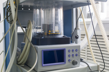 Closeup detail of a medical center hospital ventilator machine in an emergency operating room