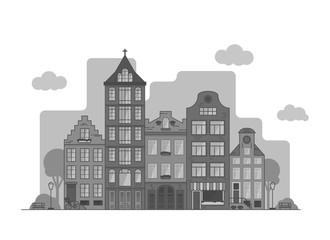 Obraz premium Amsterdam cityscape. Old houses with church and cafe