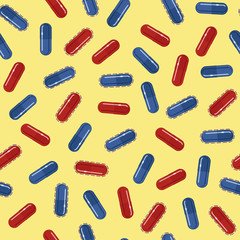 Blue and red pills seamless pattern, vector illustration, yellow background. Concept of choice. Two alternatives metaphor.