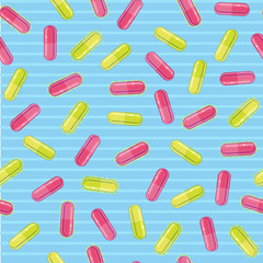 Medical seamless pattern with capsules or pills, vector illustration, light blue background.