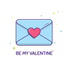 Love, romantic letter envelope with heart sign on it. Greeting card for Valentine’s day saying  «Be my Valentine». Flat line art, colored. Vector illustration, isolated on white background.