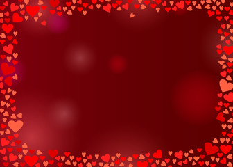 Abstract love background for your Valentines Day greeting card design. Red Hearts frame isolated on dark wine background. Vector illustration