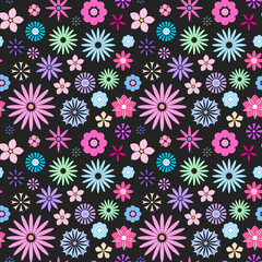 Fototapeta na wymiar Seamless floral pattern for your print textile design. Cute flat flowers isolated on black background. Vector illustration
