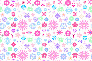 Seamless floral pattern for your spring design. Cute flat flowers isolated on white background. Vector illustration
