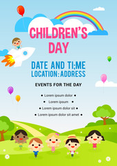 Children's day Poster invitation vector illustration. Kids playing in spring field