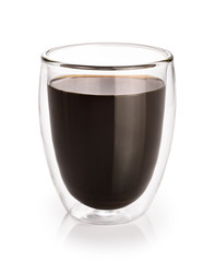 Hot coffee in a glass with double walls isolated on a white background.