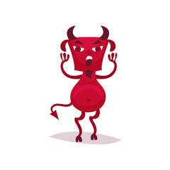 Angry devil with horns and tail, red demon cartoon character vector Illustration