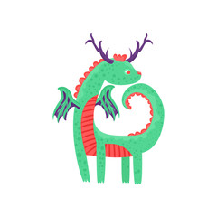 Cute horned baby dragon character, mythical animal, fantasy reptile vector Illustration