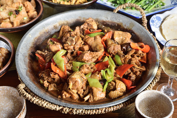 Stir fry with chicken, red peppers and chinese vegetables - Chinese food       