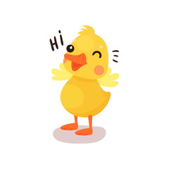 Cute funny little yellow duck chick character saying Hi, cartoon vector Illustration