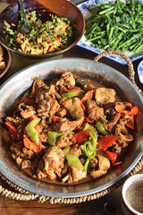Stir fry with chicken, red peppers and chinese vegetables - Chinese food       