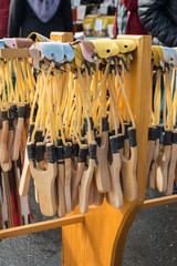 Wooden catapult slingshot ready to use.
