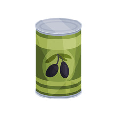 Canned olives, tinned food in aluminum can cartoon vector Illustration
