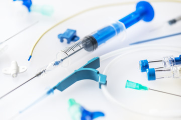 Close up image of syringe ,needle and central venous pressure catheter measurement kit - obrazy, fototapety, plakaty
