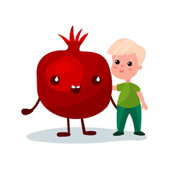 Sweet little boy hugging giant pomegranate fruit character, best friends, healthy food for kids cartoon vector Illustration