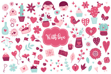 Collection of Valentine elements - boy, girl, flowers, letter, birds, cactus
