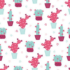 St. Valentine's Day seamless pattern with blooming cactus and hearts