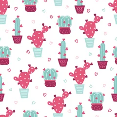 Foto op Plexiglas Planten in pot St. Valentijnsdag naadloos patroon met bloeiende cactus en harten