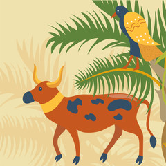 Ancient spotted cow and Falcon, sacred symbols of traditional Egyptian culture vector illustration, design element for poster or banner