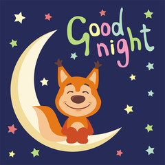 Good night! Funny squirrel in cartoon style sitting on moon.