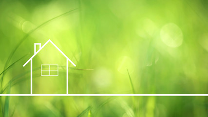 Conceptual eco friendly home healthy living copy space background on blurred sunny meadow texture.