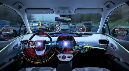 Futuristic car cockpit. Autonomous car. Driverless vehicle. HUD(Head up display). GUI(Graphical...