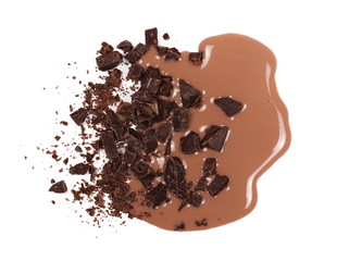 Spilled chocolate milk puddle and bars isolated on white, top view
