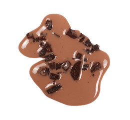 Spilled chocolate milk puddle and bars isolated on white, top view
