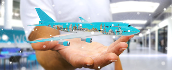 Businessman with plane and famous landmarks of the world 3D rendering