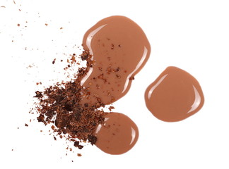 Spilled chocolate milk puddle and bars isolated on white, top view
