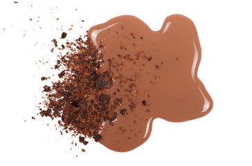 Spilled chocolate milk puddle and bars isolated on white, top view
