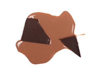Spilled chocolate milk puddle and bars isolated on white, top view
