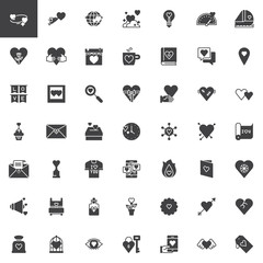 Valentines Day vector icons set, modern solid symbol collection, filled style pictogram pack. Love Signs, logo illustration. Set includes icons as heart, cupid, angel, gift, calendar, flower, message