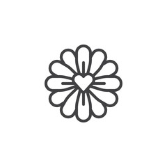 Flower with love heart line icon, outline vector sign, linear style pictogram isolated on white. Symbol, logo illustration. Editable stroke