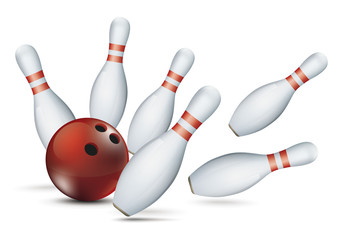 Bowling Pins Red Ball Strike White Background