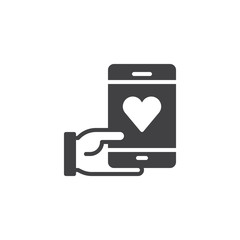 Hand holding phone with heart icon vector, filled flat sign, solid pictogram isolated on white. Sending love message symbol, logo illustration.