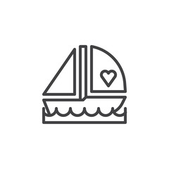 Romantic love boat line icon, outline vector sign, linear style pictogram isolated on white. Honeymoon trip symbol, logo illustration. Editable stroke