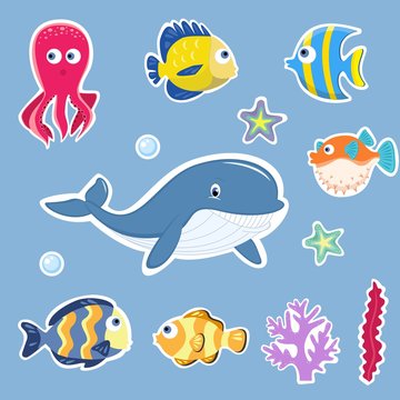 Fish And Marine Animals Cartoon Set