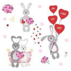 set of isolated rabbits, lovebirds, flowers, balloon and chocolate. Vector illustration. part 2