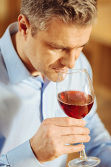 Relaxing. Handsome concentrated well-built man drinking wine and wearing a blue shirt while relaxing