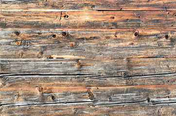 Old natural brown cabin wood wall. Wooden textured background pattern.
