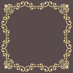 Classic vector square golden frame with arabesques and orient elements. Abstract ornament with place for text. Vintage pattern