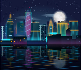 Big city night landscape with skyscrapers in neon lights. Buildings reflection in the water. Vector illustration of metropolis with full moon in dark sky