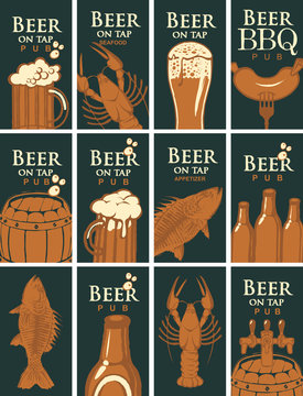 Vector set of business cards for the pub on the subject of beer and snacks from SEAFOOD