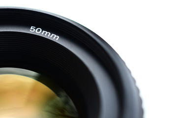 Fragment of a portrait lens for a modern SLR camera. A photograph of a wide-aperture lens with a...