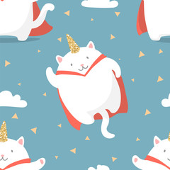 cute cartoon seamless pattern with caticorn in flat style with gold glitter texture. cat with unicorn horn. trendy sticker, t-shirt print or patch design. 