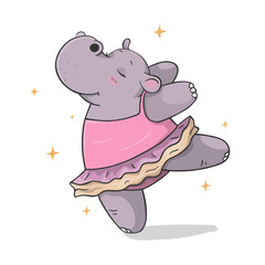 colorful hand drawn cartoon hippo dancing ballet in a tutu isolated on white background. outline vector illustration. dancing animals. Children's illustration vector